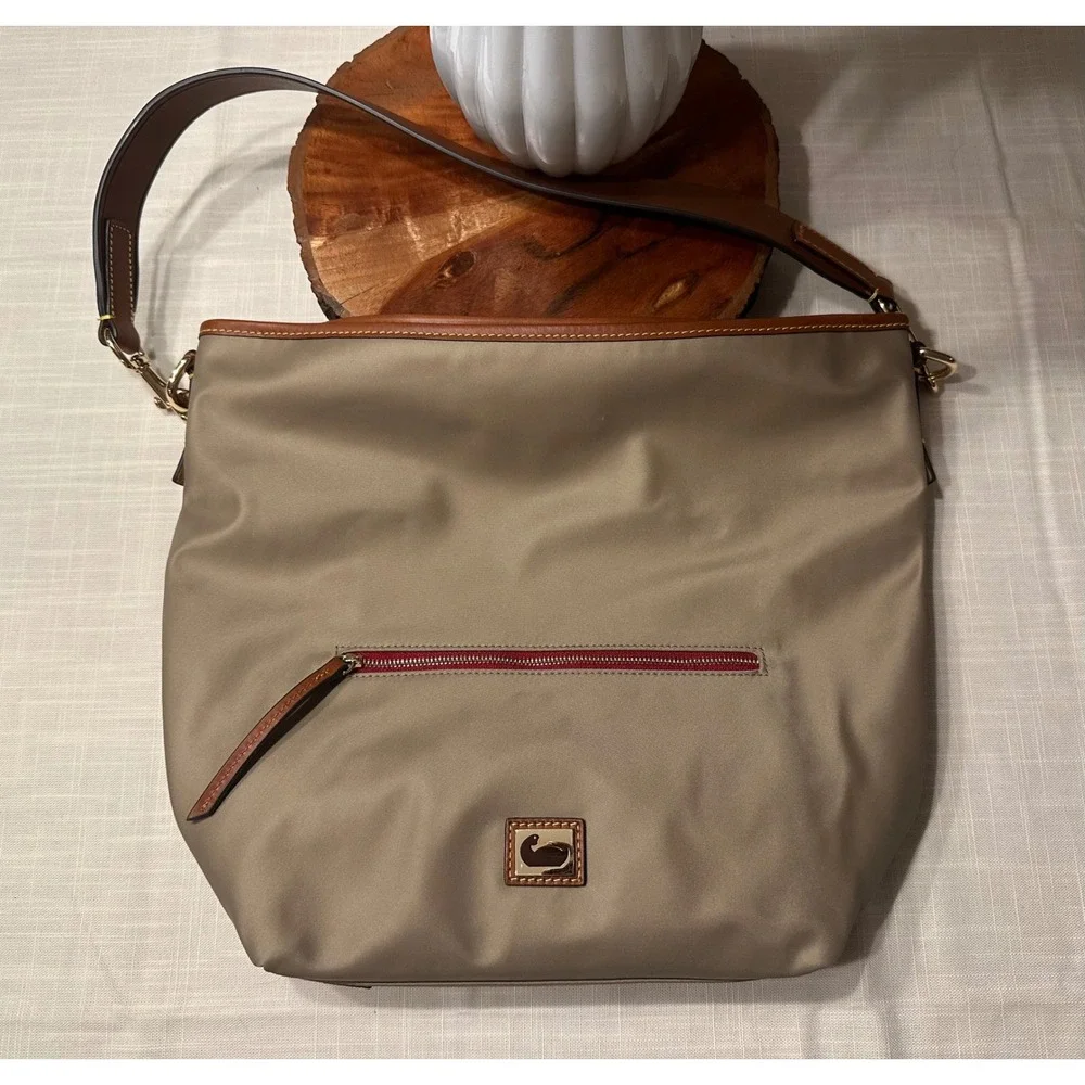 Dooney & Bourke Taupe Nylon Hobo Shoulder Bag Leather Trim Coin Purse Set